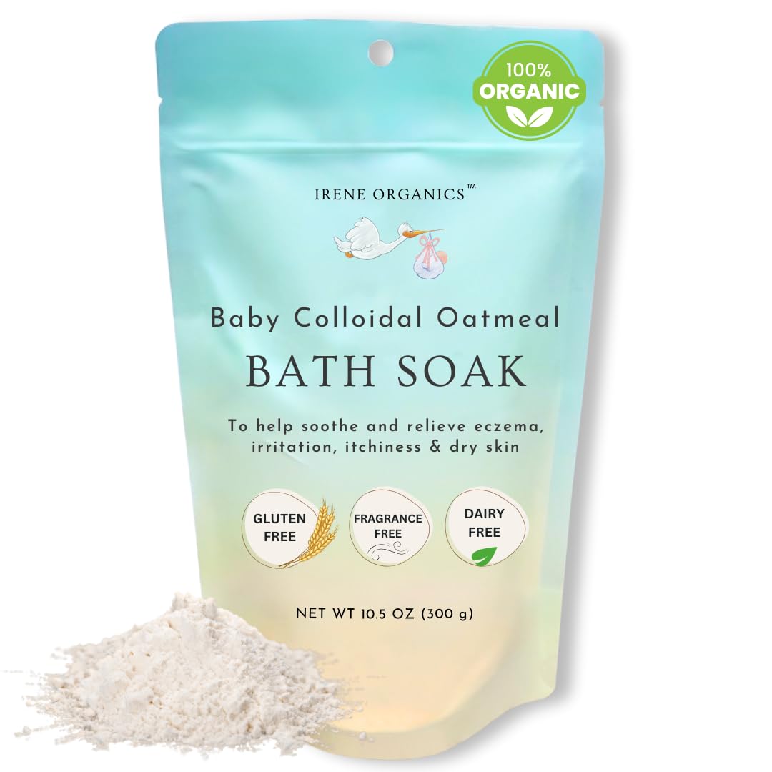 Irene Organics Oatmeal Bath Powder bottle in bath promotes gentle cleansing for sensitive baby skin.