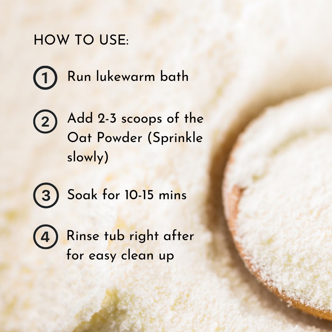 Irene Organics Oatmeal Bath Powder next to soap, natural ingredients highlighted.
