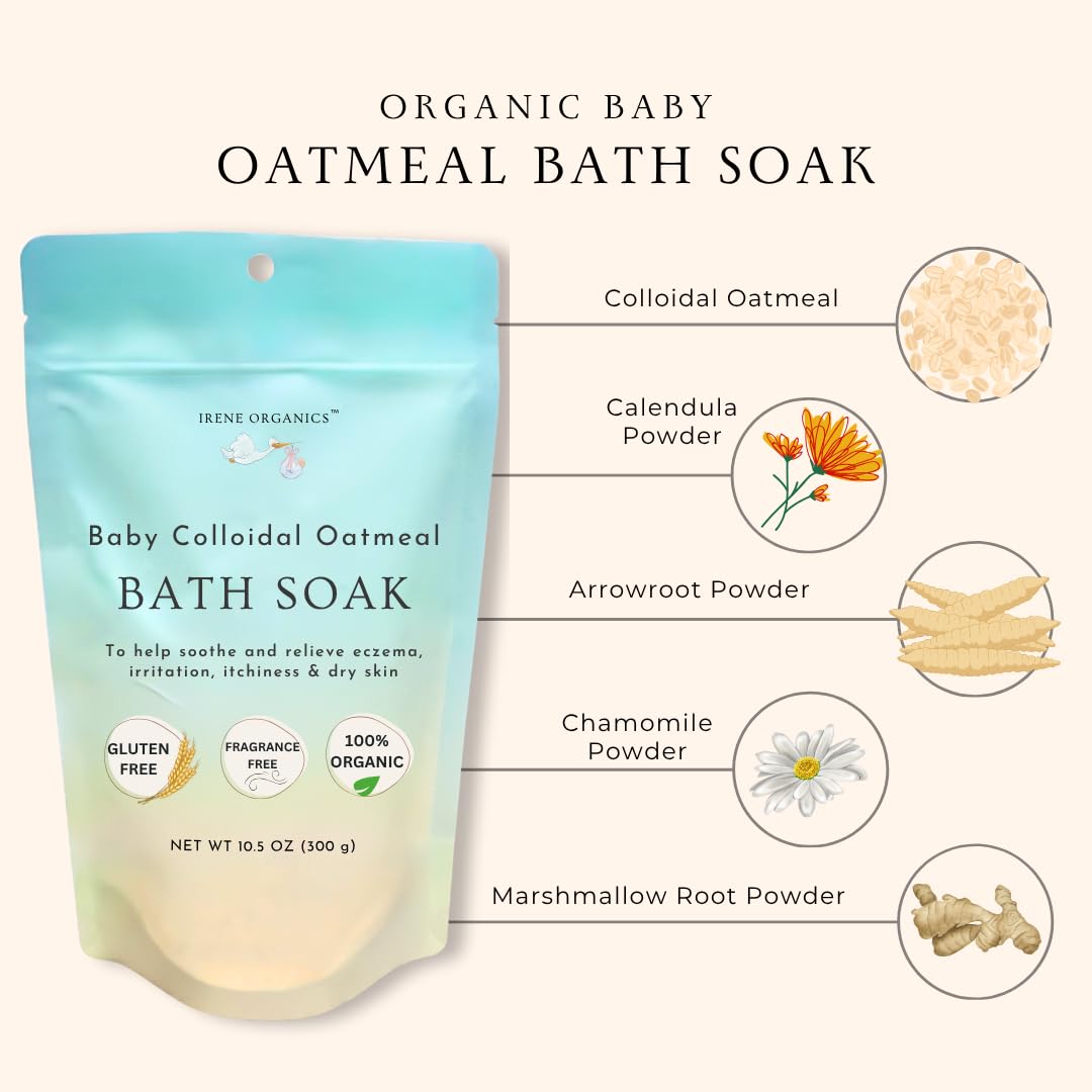 Irene Organics Oatmeal Bath Powder dissolving in warm water for a soothing bath.