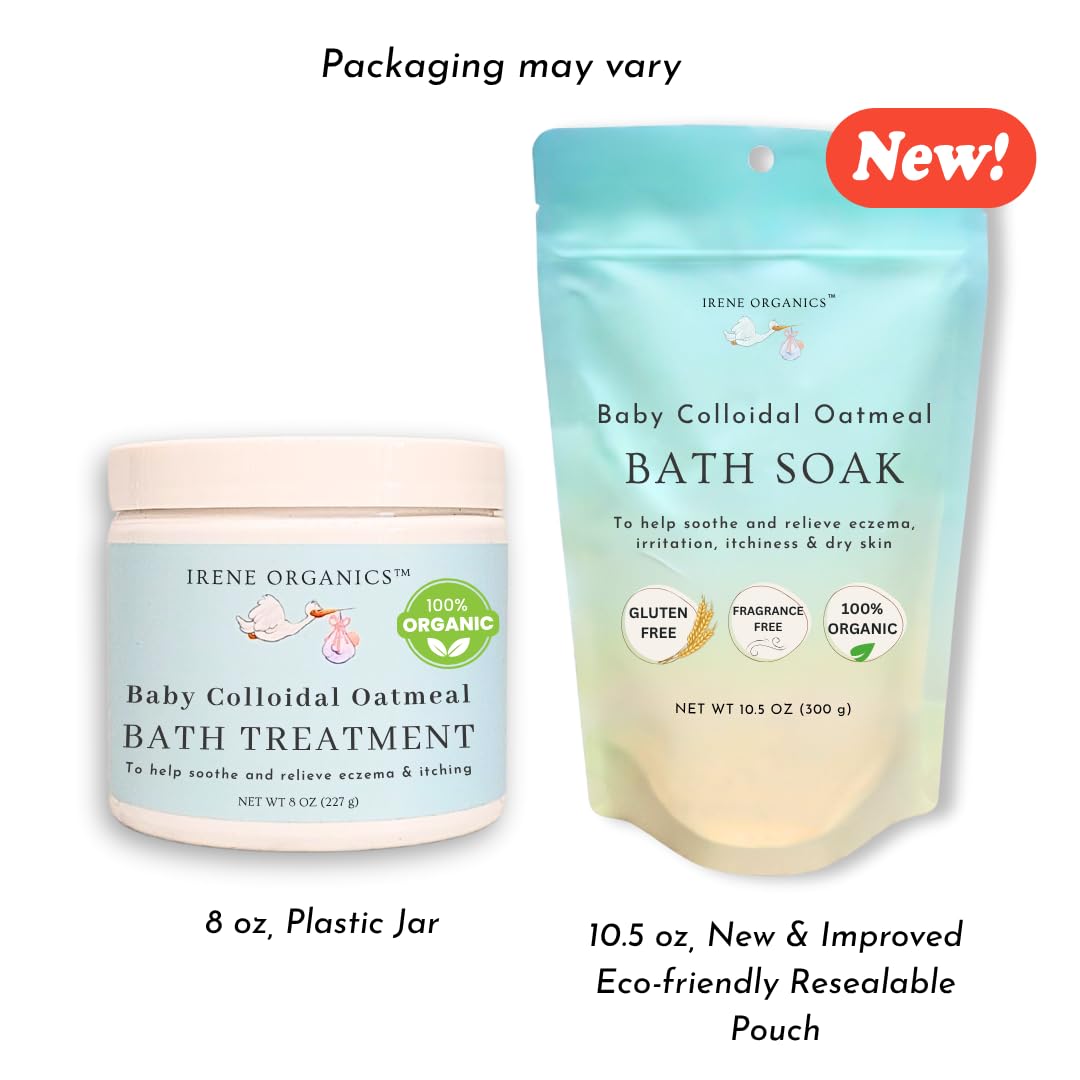 Irene Organics Oatmeal Bath Powder scoop beside jar for easy measuring.
