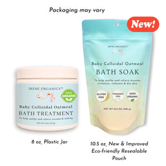 Irene Organics Oatmeal Bath Powder scoop beside jar for easy measuring.