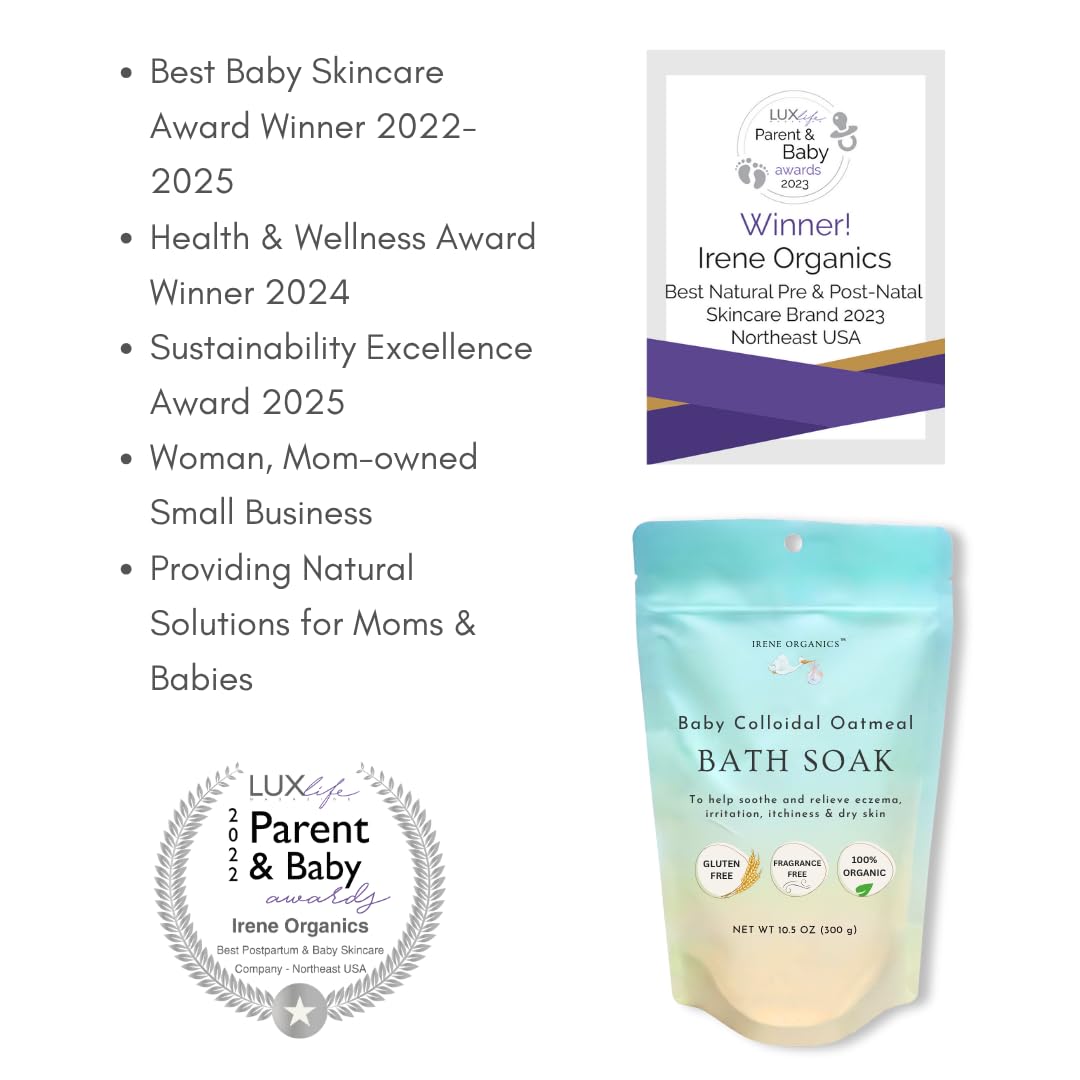 Irene Organics Oatmeal Bath Powder with packaging, eco-friendly materials.