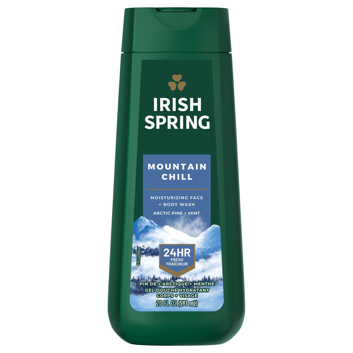Irish Spring Mountain Chill Body Wash bottle on shower shelf for a refreshing wake-up.