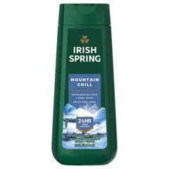 Irish Spring Mountain Chill Body Wash bottle on shower shelf for a refreshing wake-up.
