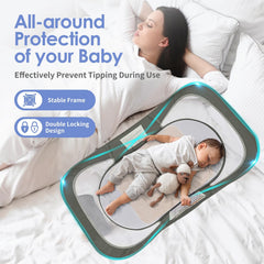 ISELECTOR bedside bassinet with 2-in-1 mosquito net and sunshade outdoors.