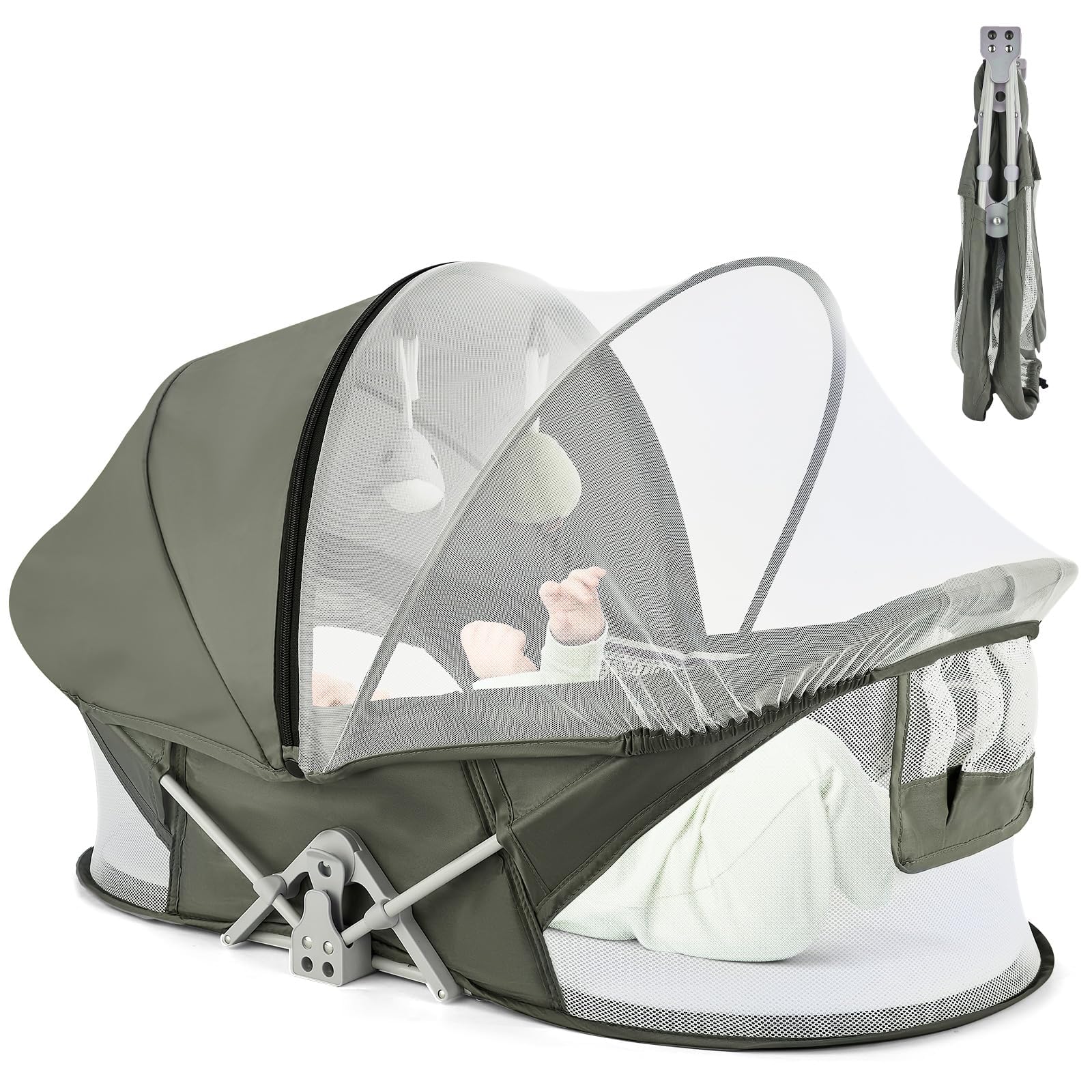 ISELECTOR bedside bassinet in compact fold for easy travel storage.