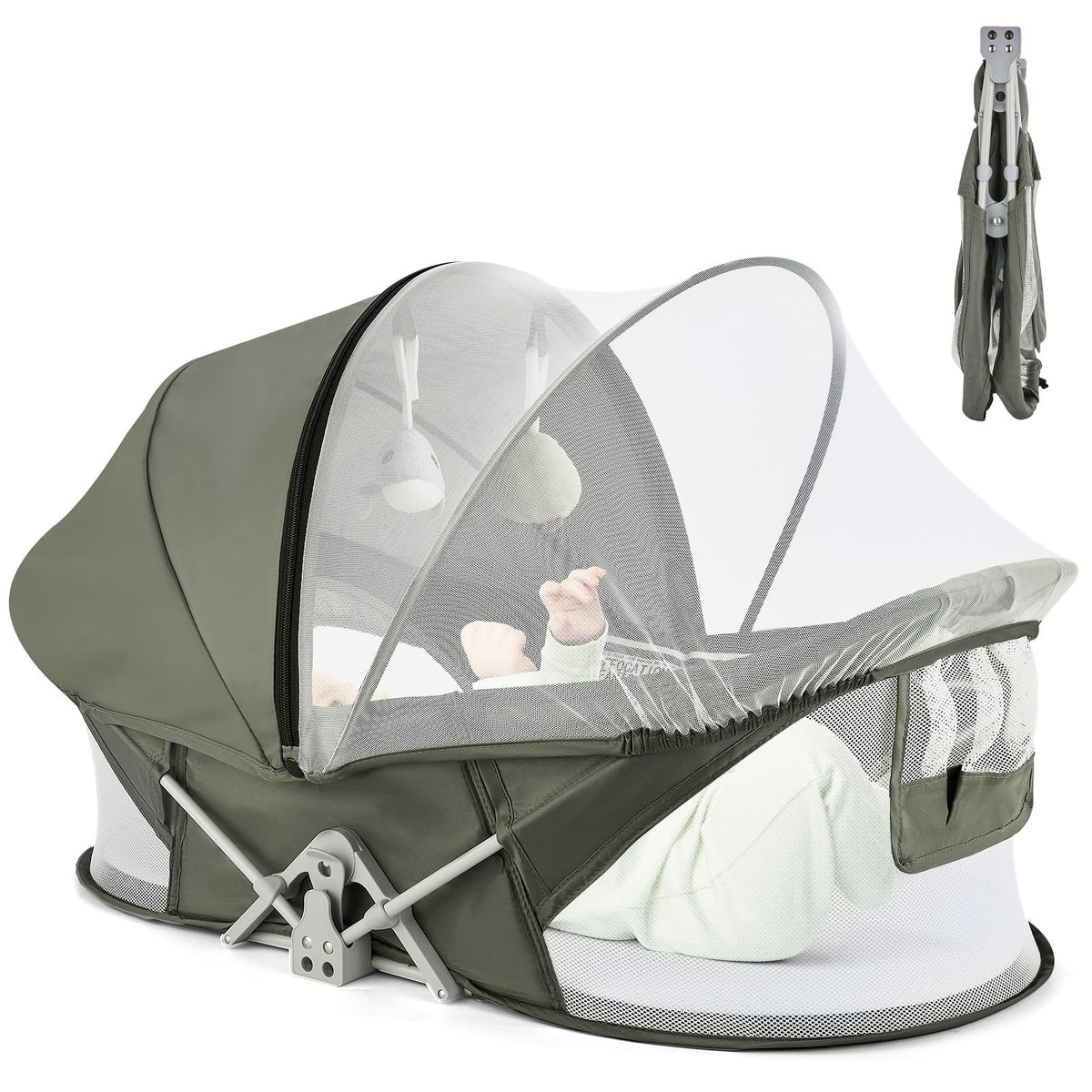 ISELECTOR bedside bassinet in compact fold for easy travel storage.