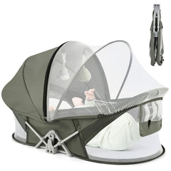 ISELECTOR bedside bassinet in compact fold for easy travel storage.