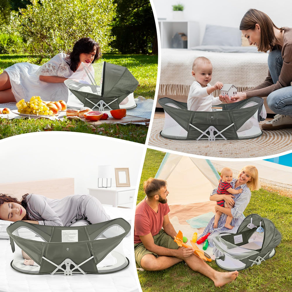 ISELECTOR bedside bassinet suited for home and outdoor use.