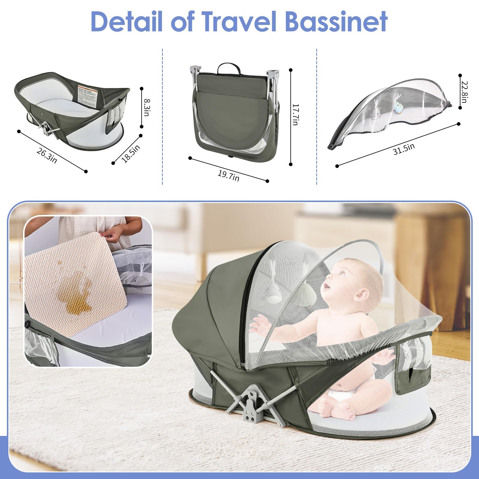 ISELECTOR bedside bassinet with soft mattress and skin-friendly fabrics.