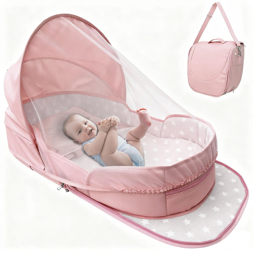 ISELECTOR portable bassinet with pink cover offering a cozy sleep space for on-the-go families.