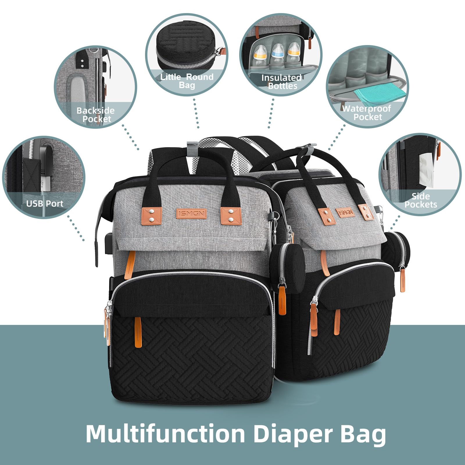 ISMGN diaper bag backpack with waterproof fabric for mess-free outings.