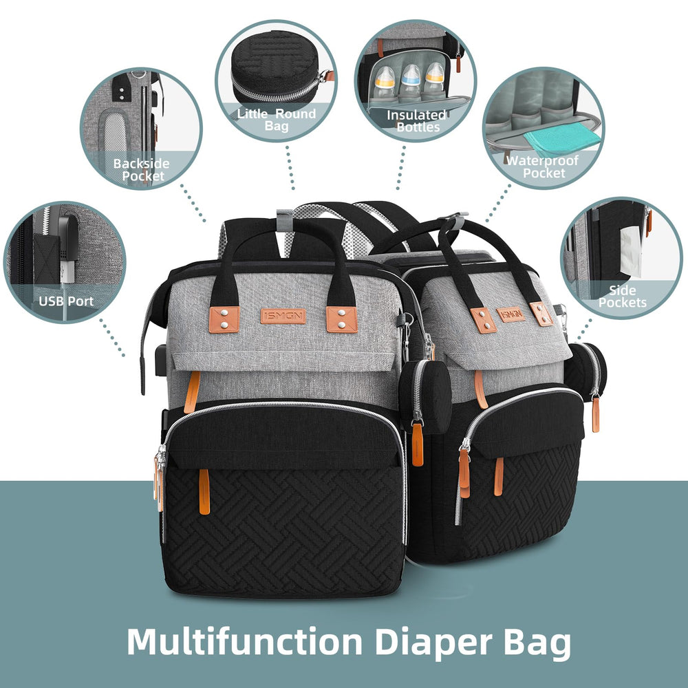 ISMGN diaper bag backpack with waterproof fabric for mess-free outings.
