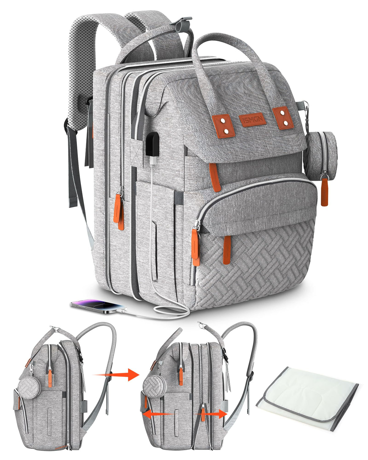 ISMGN Extra Large Diaper Bag Backpack in UG Grey with waterproof fabric for mess-free outings.