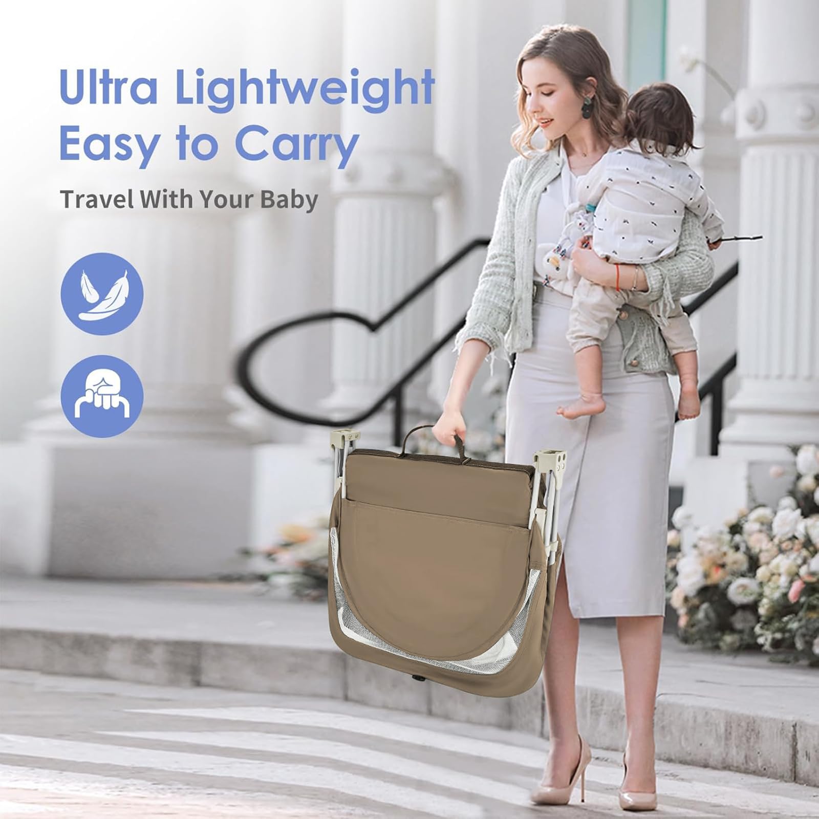 ISELECTOR bassinet includes mosquito net and sunshade for outdoor comfort.