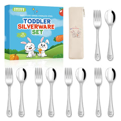 ITITT 10-piece toddler utensils set with small forks and spoons for family meals.