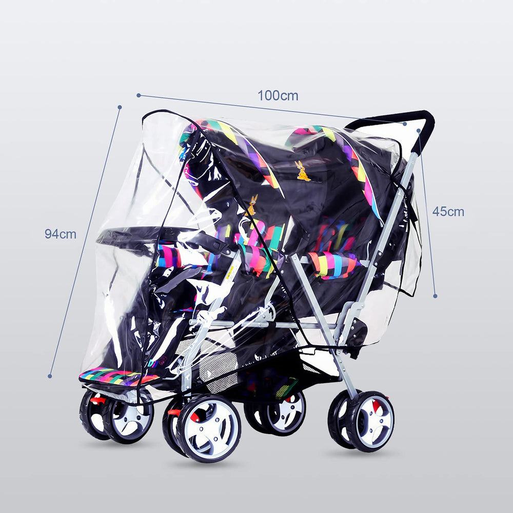 ITODA Tandem Twins rain cover, back vent design for breathable stroller interior.