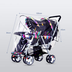 ITODA Tandem Twins rain cover, back vent design for breathable stroller interior.