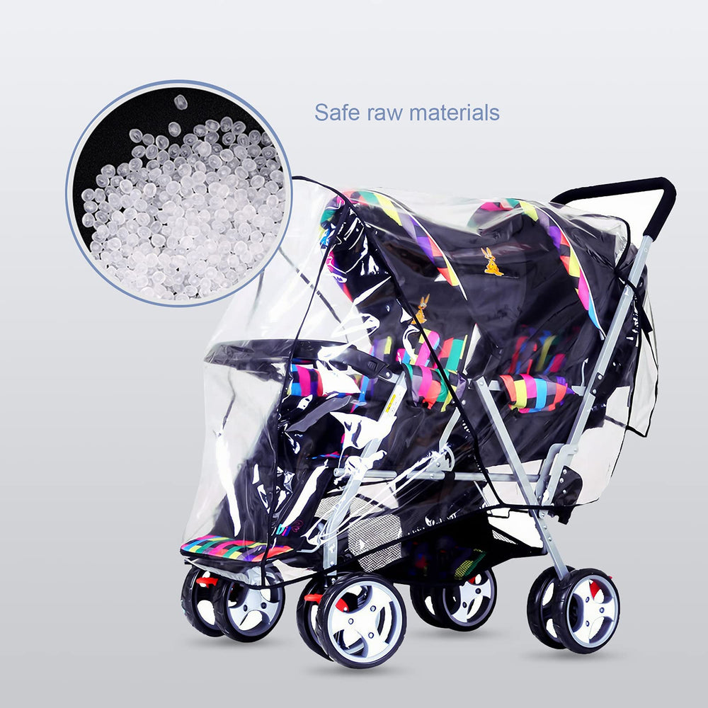 ITODA Tandem Twins rain cover, clear window reduces glare for easy monitoring.