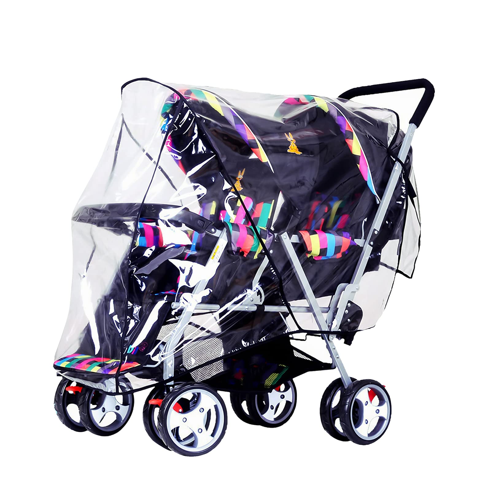 ITODA Tandem Twins rain cover, front view, keeps baby visible and protected from rain.