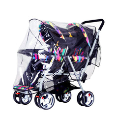 ITODA Tandem Twins rain cover, front view, keeps baby visible and protected from rain.