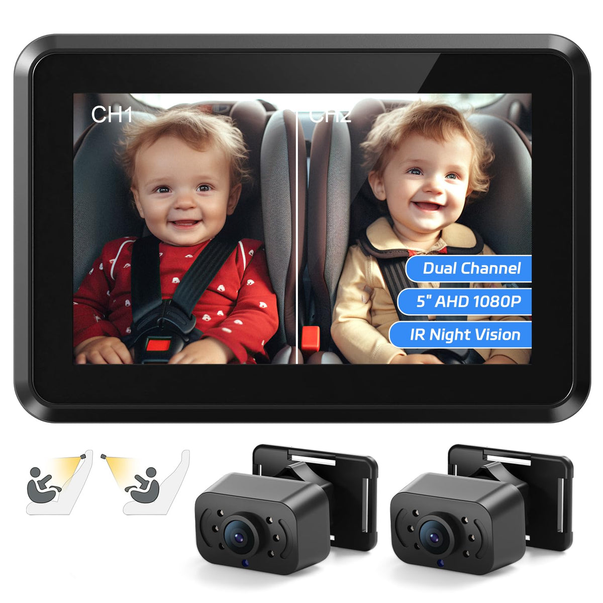 Itomoro Baby Mirror with dual-camera setup for two-child monitoring on the road.