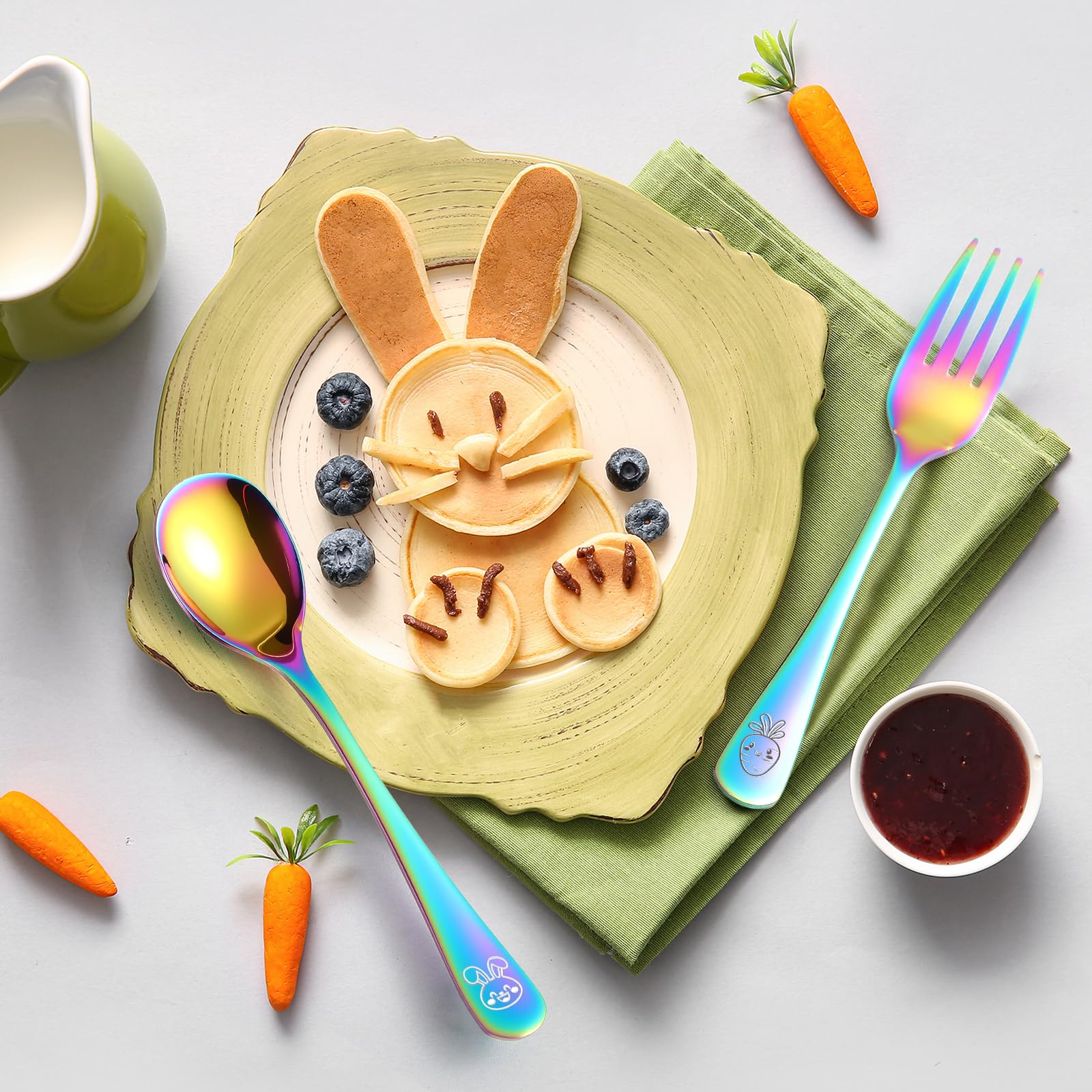 ITITT rainbow utensils featuring carrot and bunny patterns to spark imagination