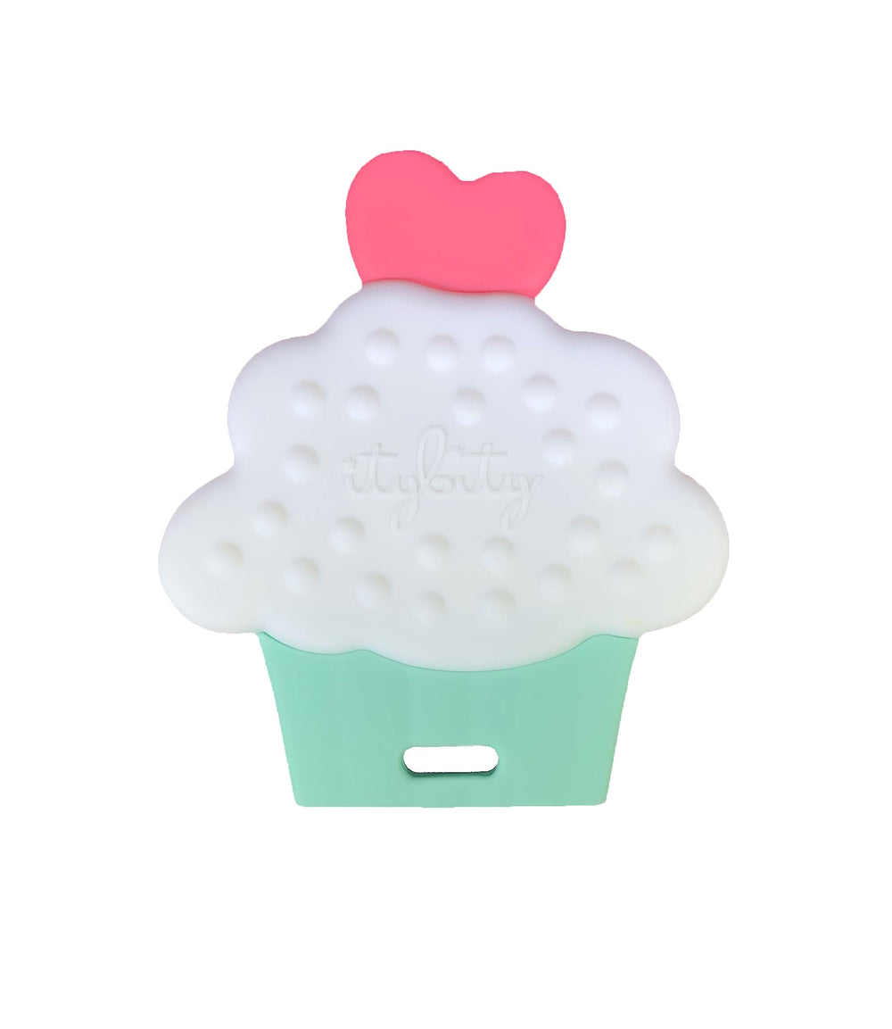 Textured back side of Itybity Cupcake Teether provides gentle gum massage.