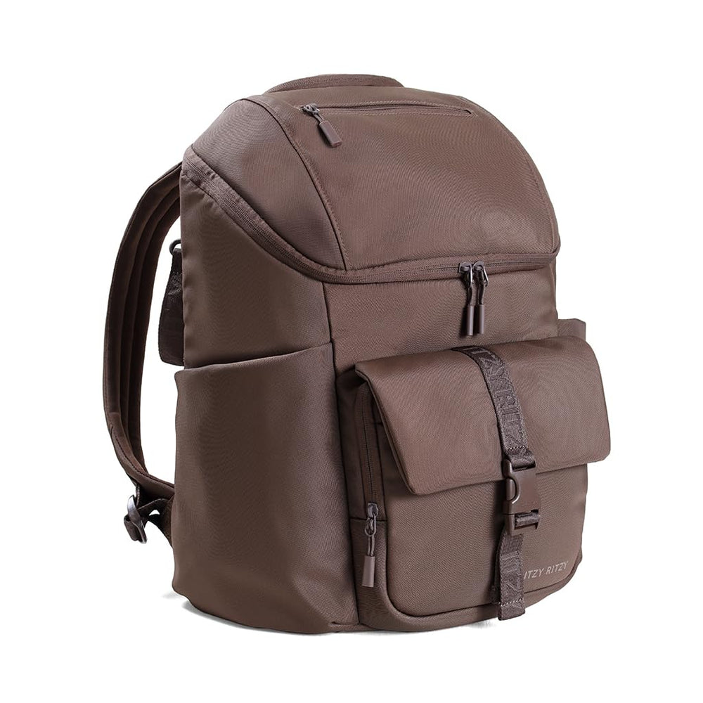 Itzy Ritzy Belong Bucket Backpack Mocha back panel highlighting durable construction