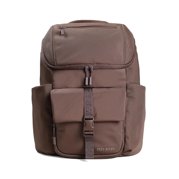 Itzy Ritzy Belong Bucket Backpack Mocha front view with organized pockets for quick access