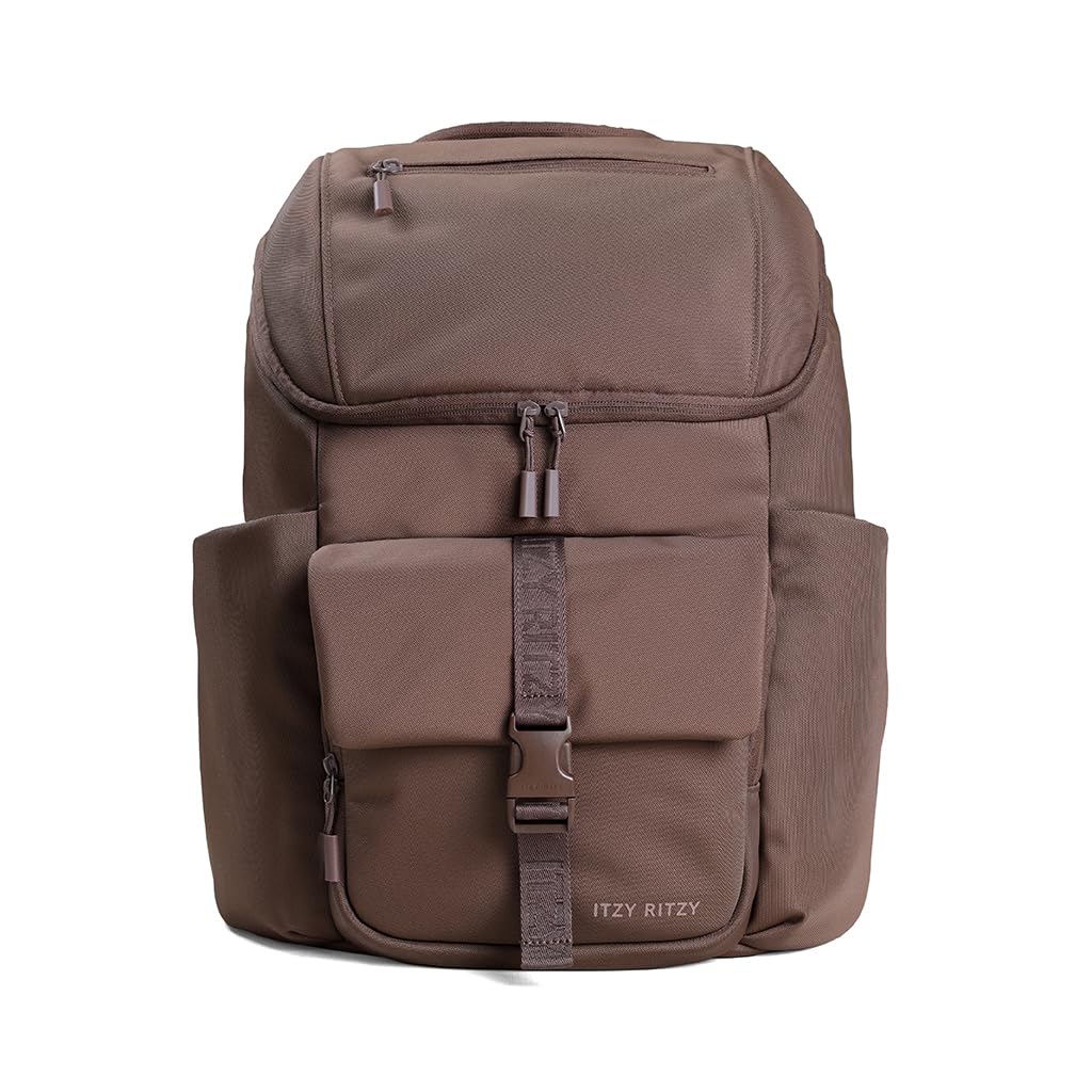 Itzy Ritzy Belong Bucket Backpack Mocha front view with organized pockets for quick access