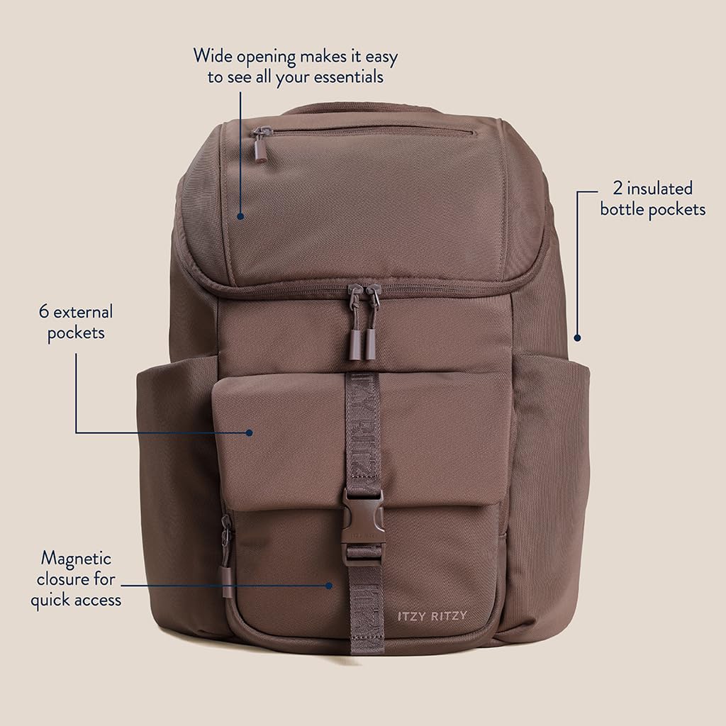 Itzy Ritzy Belong Bucket Backpack Mocha insulated bottle pocket left keeps drinks handy