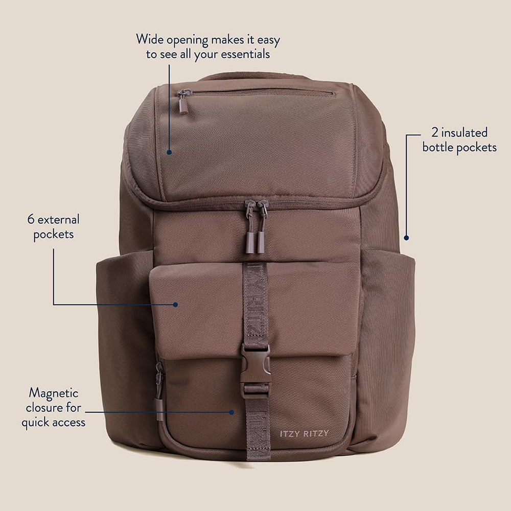 Itzy Ritzy Belong Bucket Backpack Mocha insulated bottle pocket left keeps drinks handy