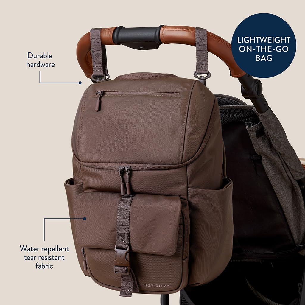 Itzy Ritzy Belong Bucket Backpack Mocha padded laptop sleeve protects devices