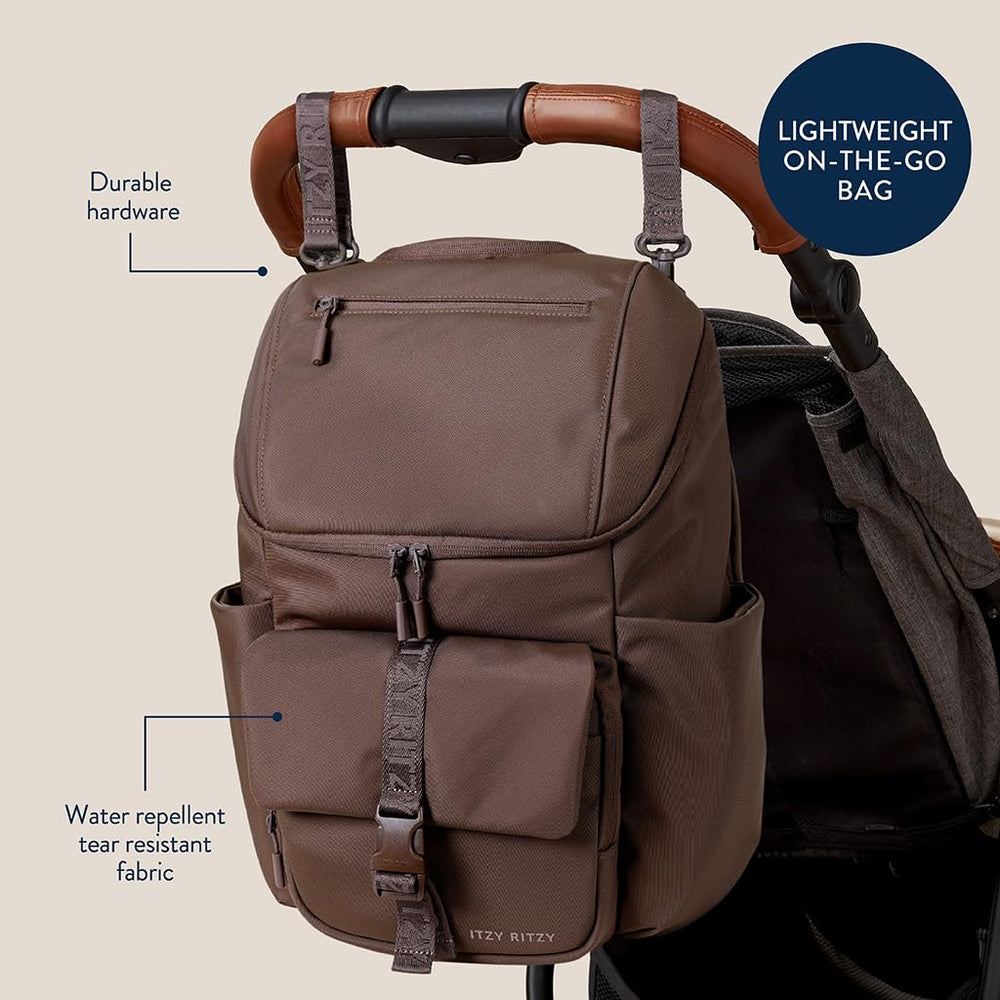 Itzy Ritzy Belong Bucket Backpack Mocha padded laptop sleeve protects devices