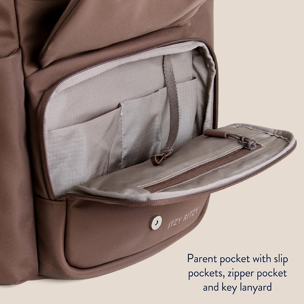 Itzy Ritzy Belong Bucket Backpack Mocha ripstop nylon lining for rugged durability
