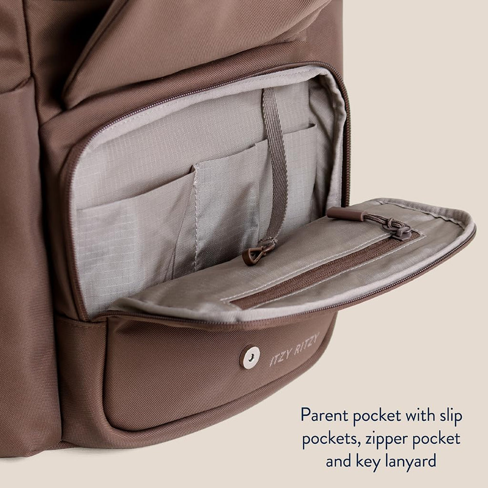 Itzy Ritzy Belong Bucket Backpack Mocha ripstop nylon lining for rugged durability