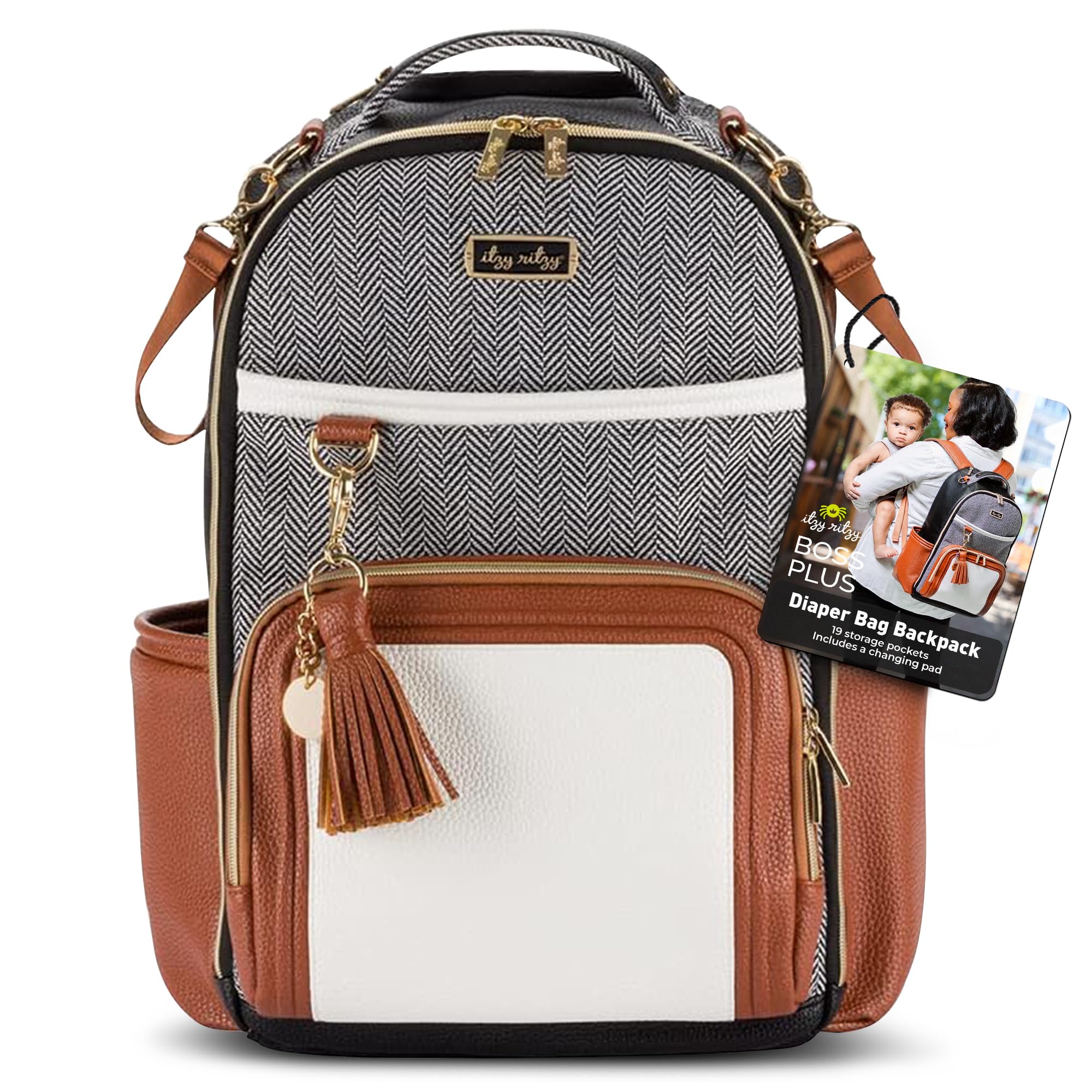 Itzy Ritzy Boss Plus backpack front pocket for quick access to essentials