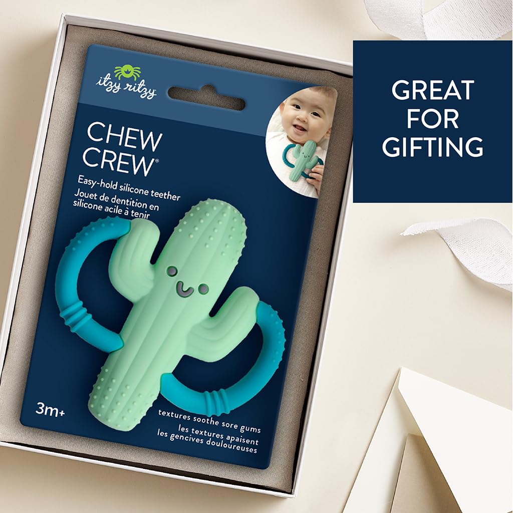 Itzy Ritzy cactus teether design adds visual appeal while supporting motor exploration.