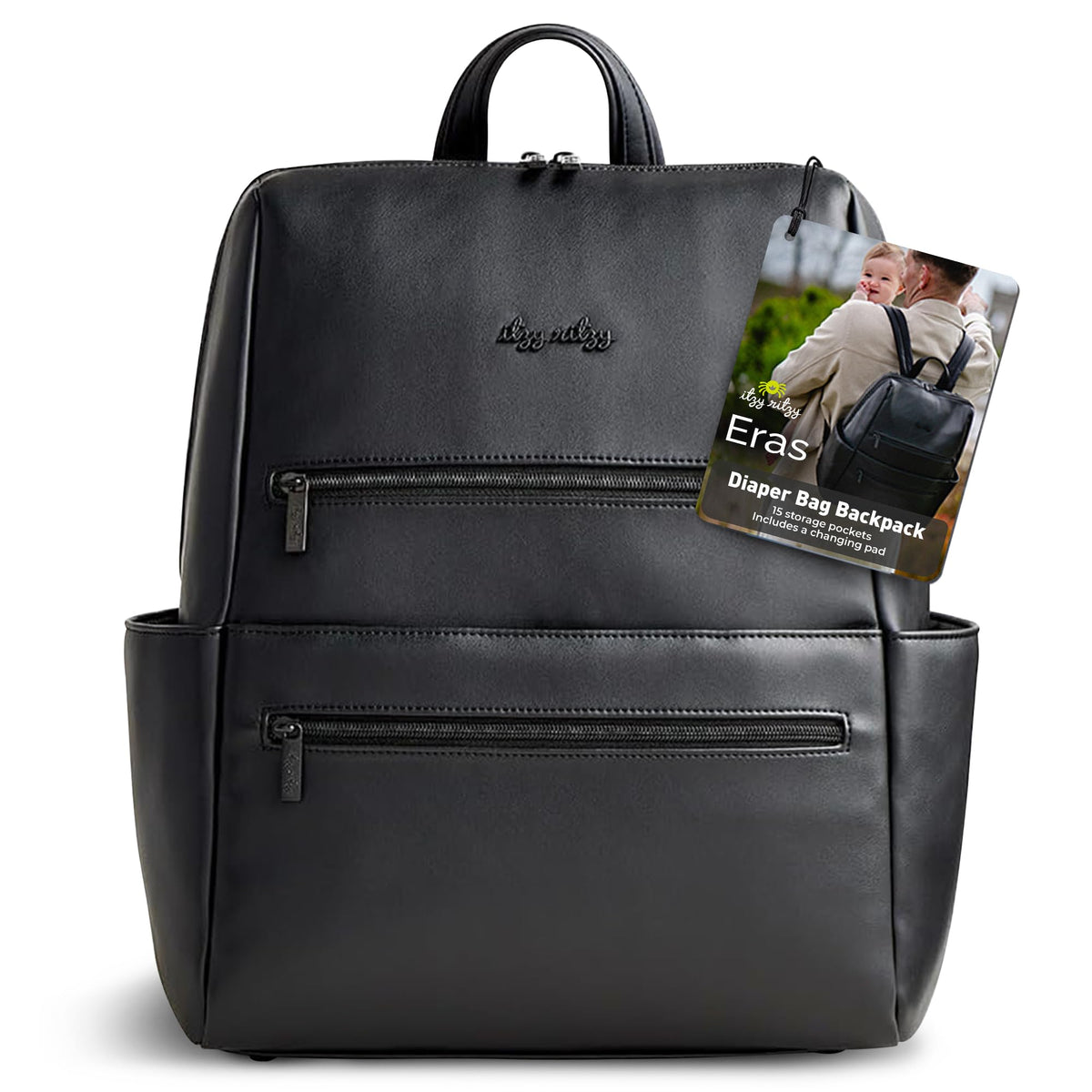 Itzy Ritzy Eras diaper bag backpack front view shows 15 pockets for easy organization.