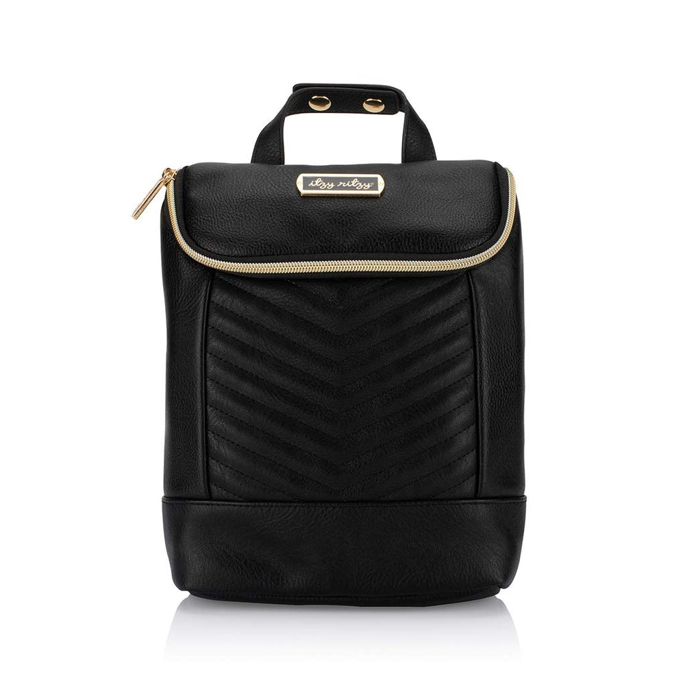 Itzy Ritzy insulated bottle bag front view shows space for three bottles on the go.