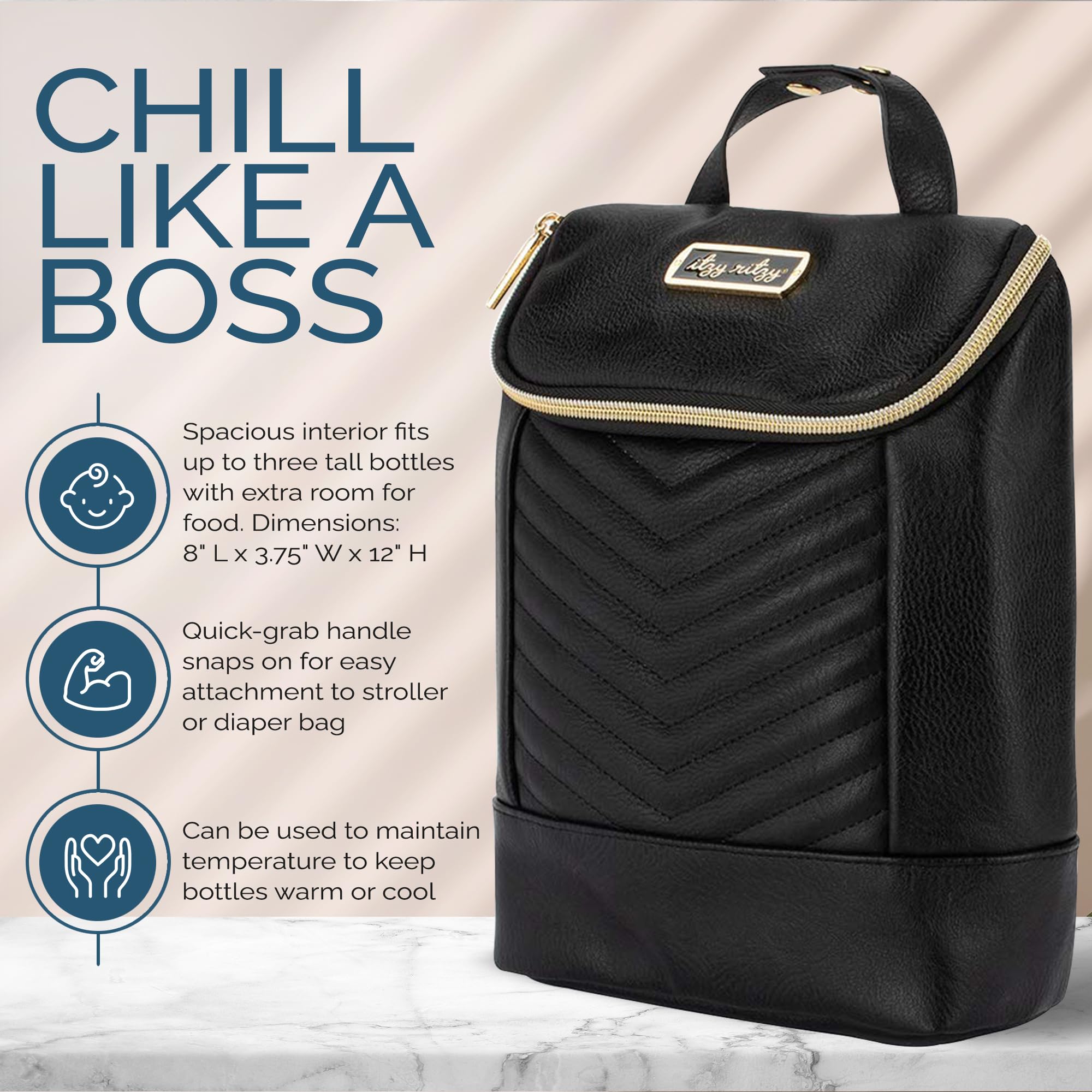 Itzy Ritzy insulated bottle bag pocket for ice pack supports extended cooling.