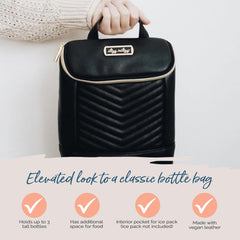 Itzy Ritzy insulated bottle bag interior view reveals roomy space for bottles and snacks.