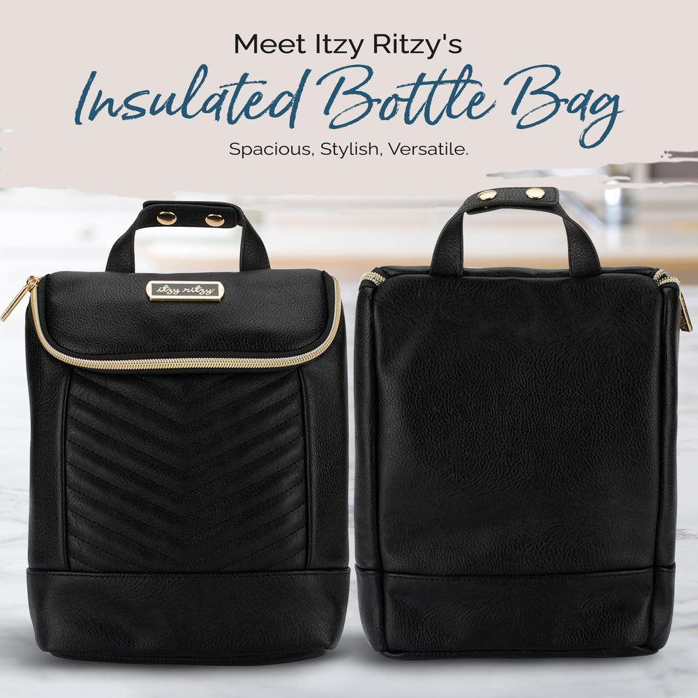 Itzy Ritzy insulated bottle bag attached to stroller for hands-free travel.