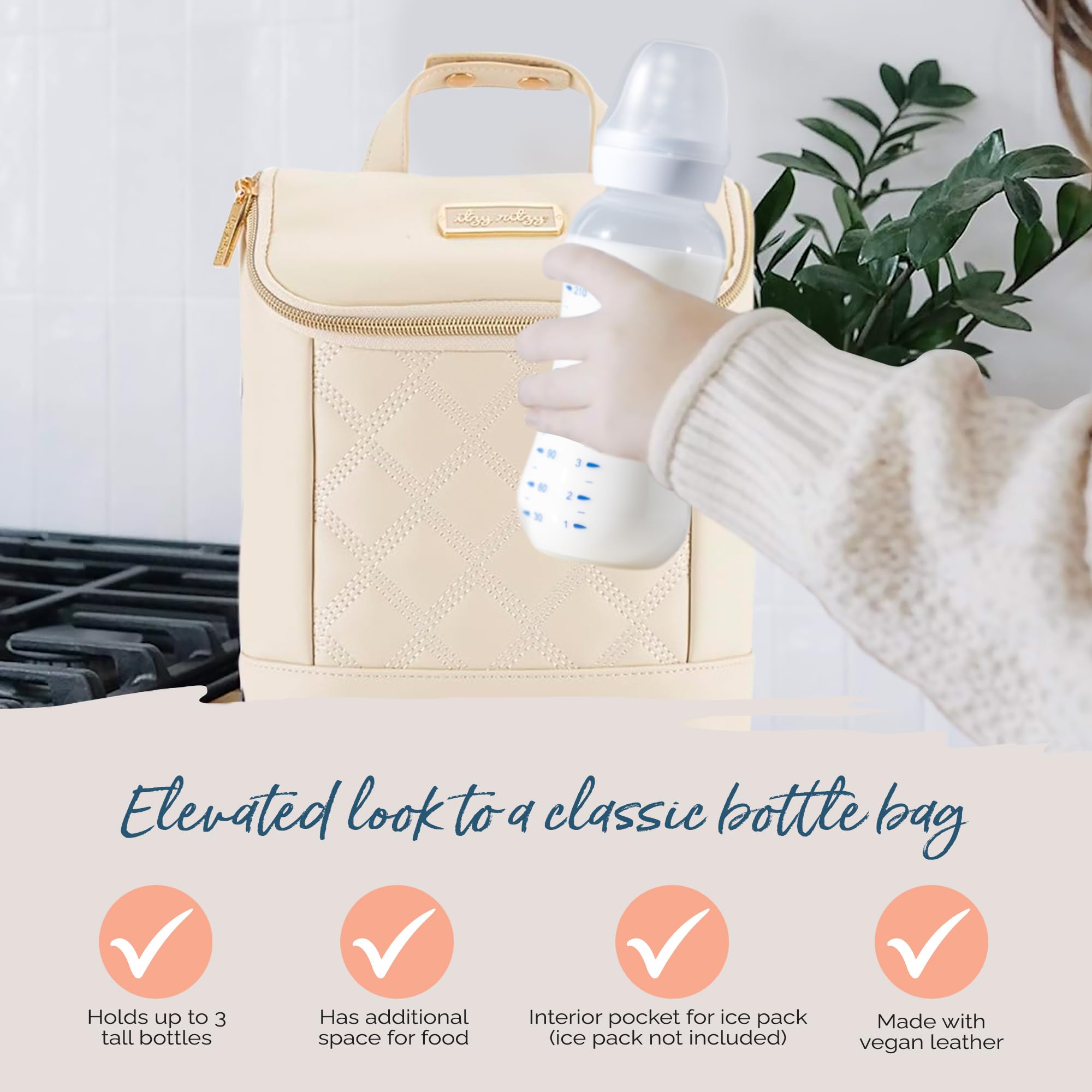 Itzy Ritzy bottle bag snaps to stroller for hands-free use.