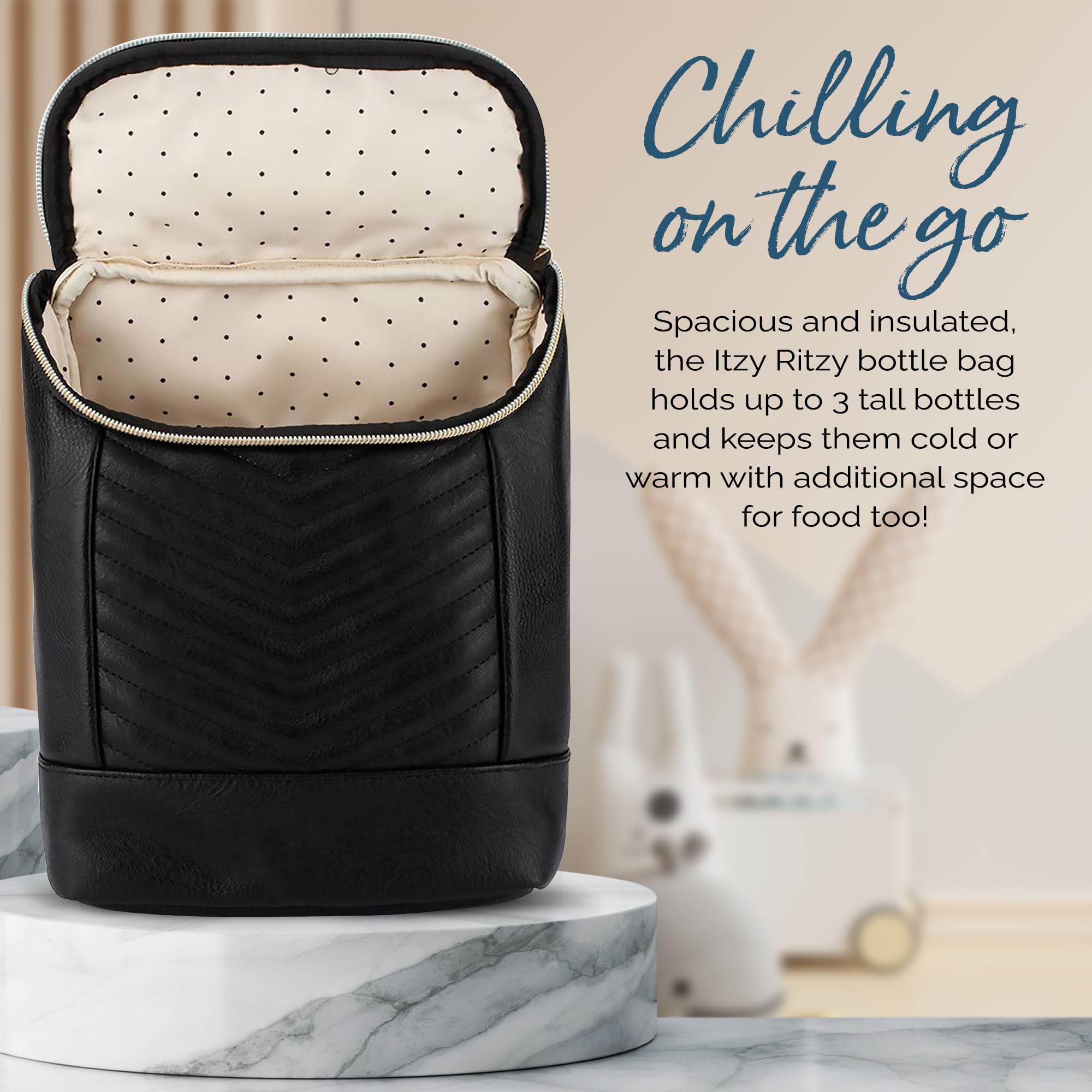 Itzy Ritzy insulated bottle bag features durable vegan leather for daily use.