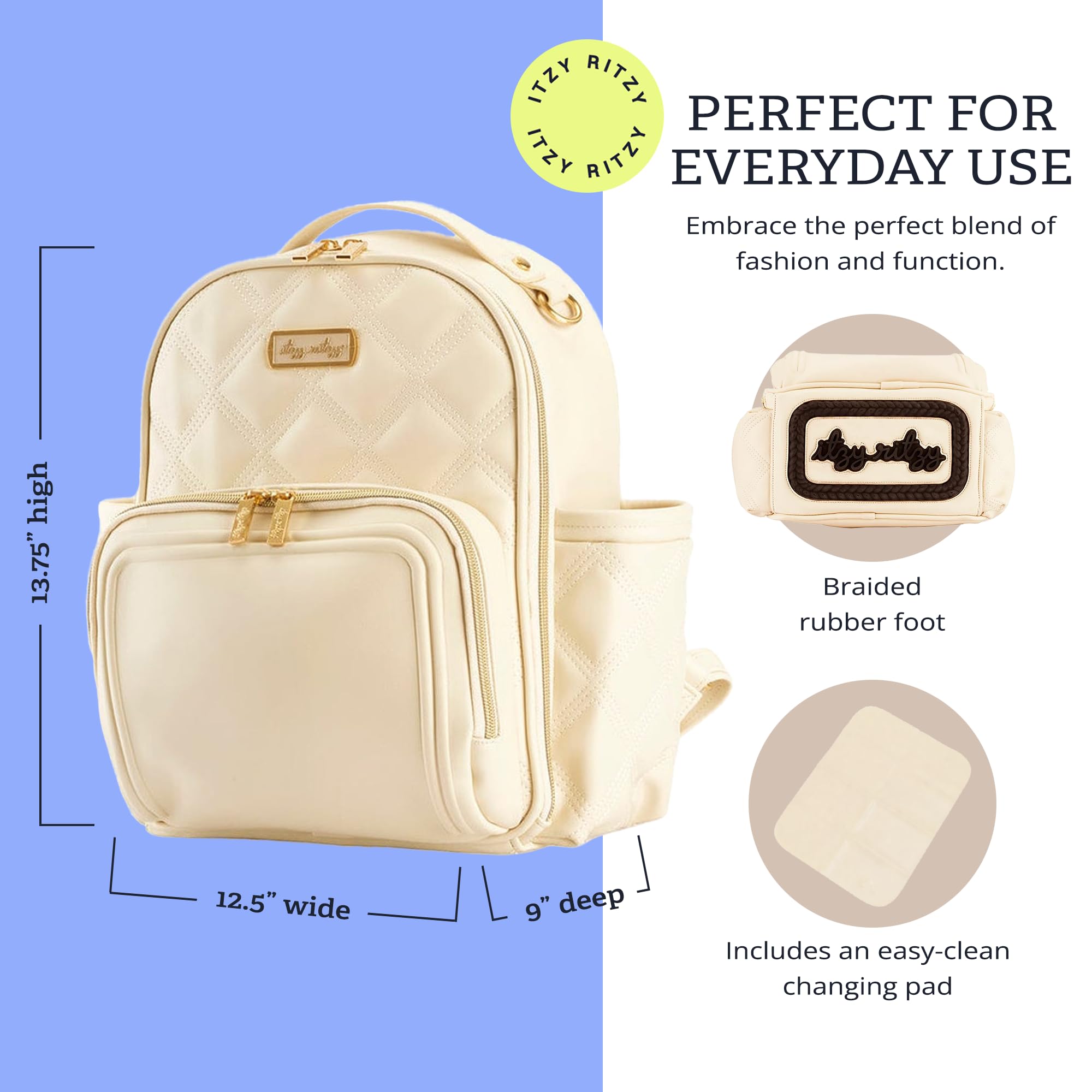 Itzy Ritzy Mini Plus Backpack braided rubber feet protect the bag while staying tidy.