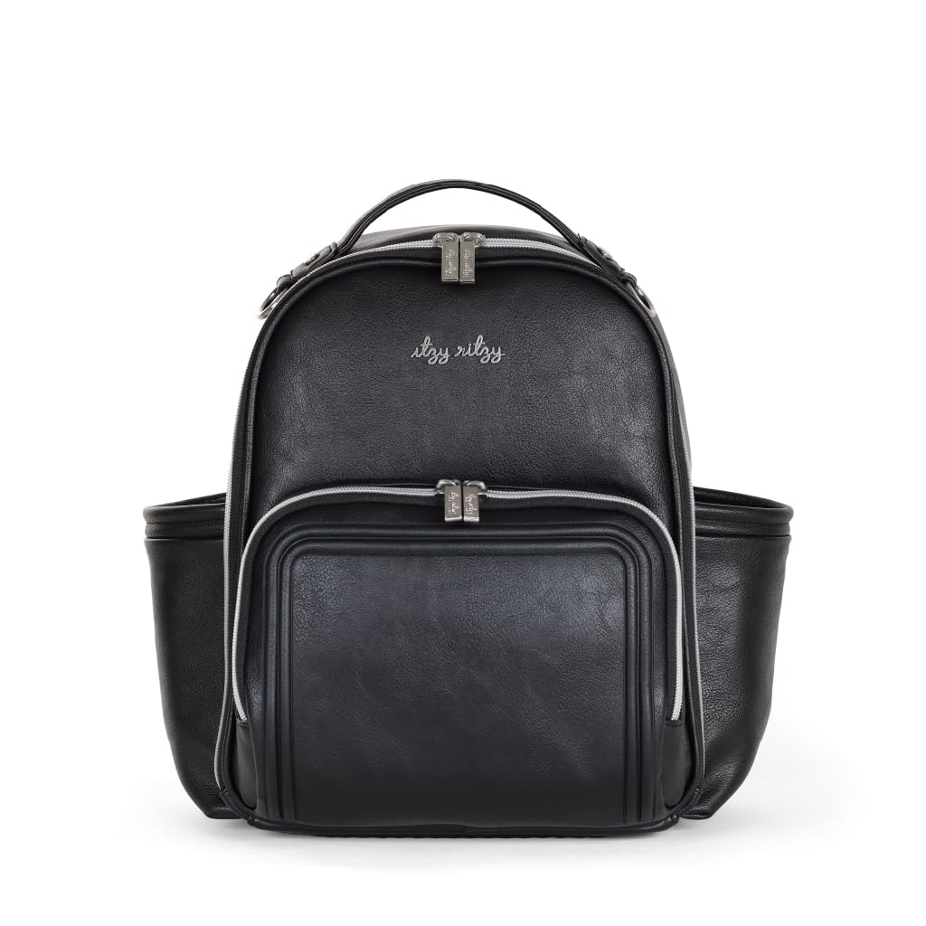 Itzy Ritzy mini plus diaper bag backpack front view shows chic compact design for on-the-go parenting