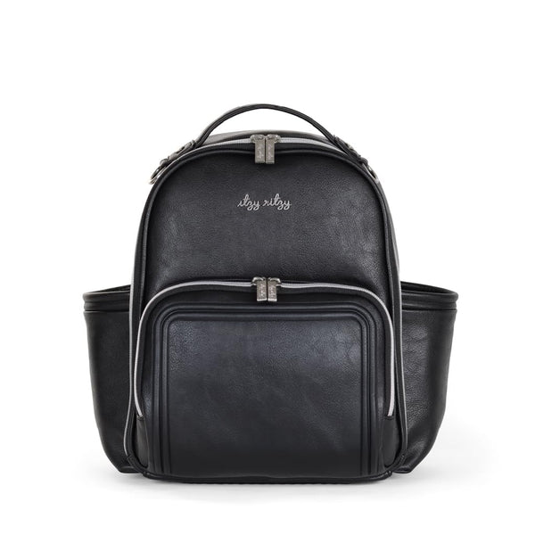 Itzy Ritzy mini plus diaper bag backpack front view shows chic compact design for on-the-go parenting