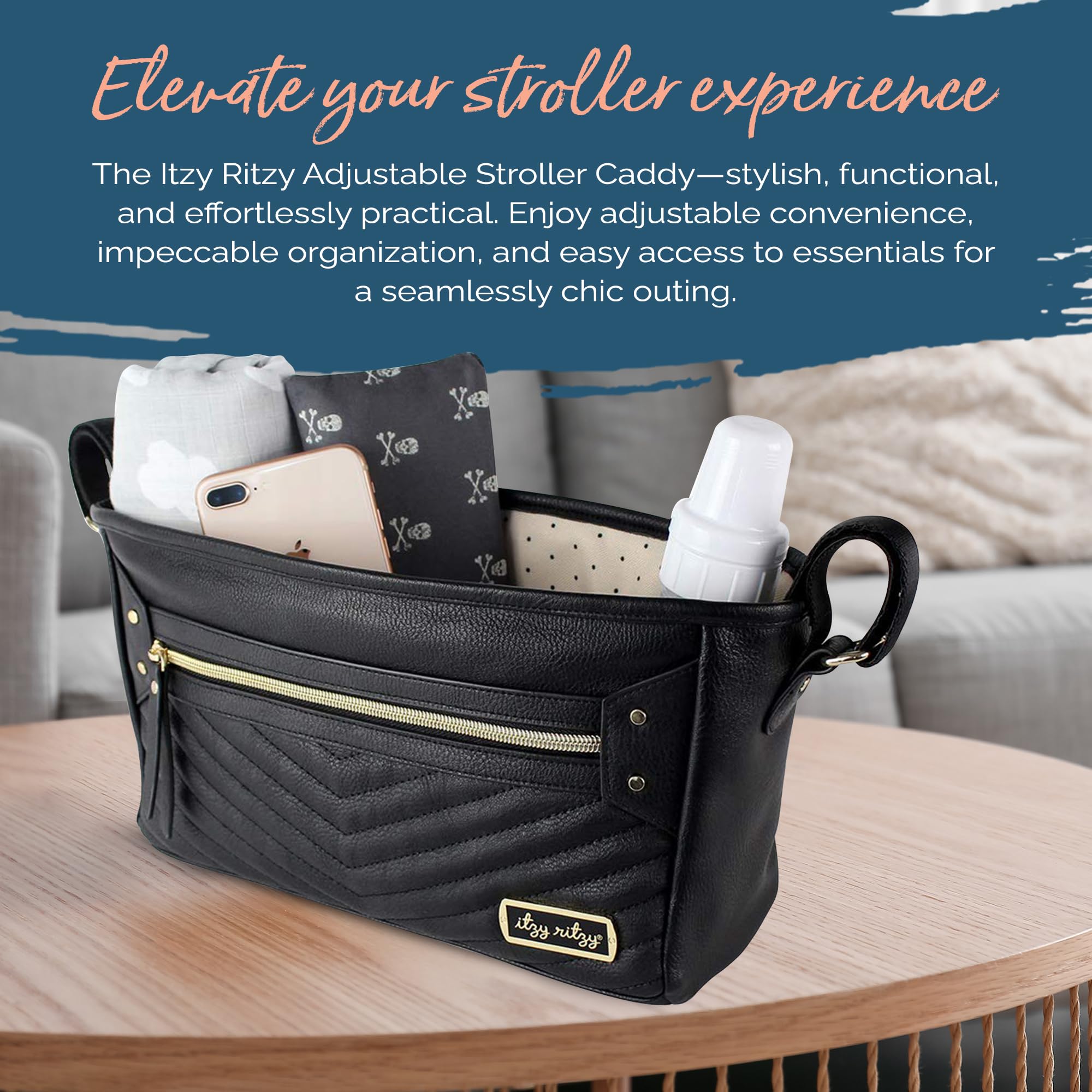 Itzy Ritzy vegan leather caddy cleans easily with a damp cloth